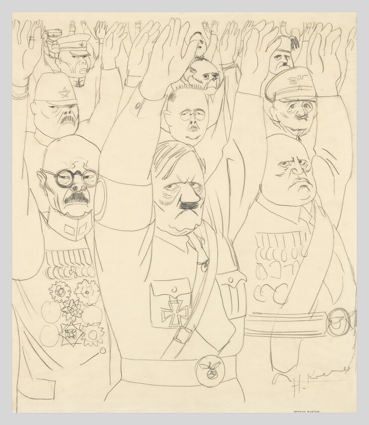 Several men in military uniforms and medals raise their arms in a formal salute.