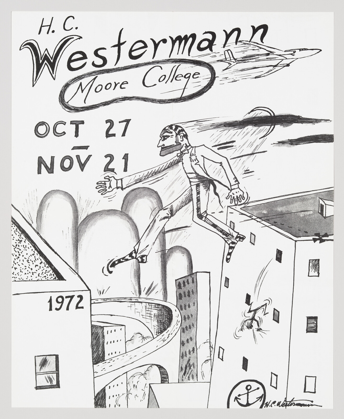 A suited man leaps between city buildings in a 1972 poster announcing Oct 27–Nov 21 exhibition.