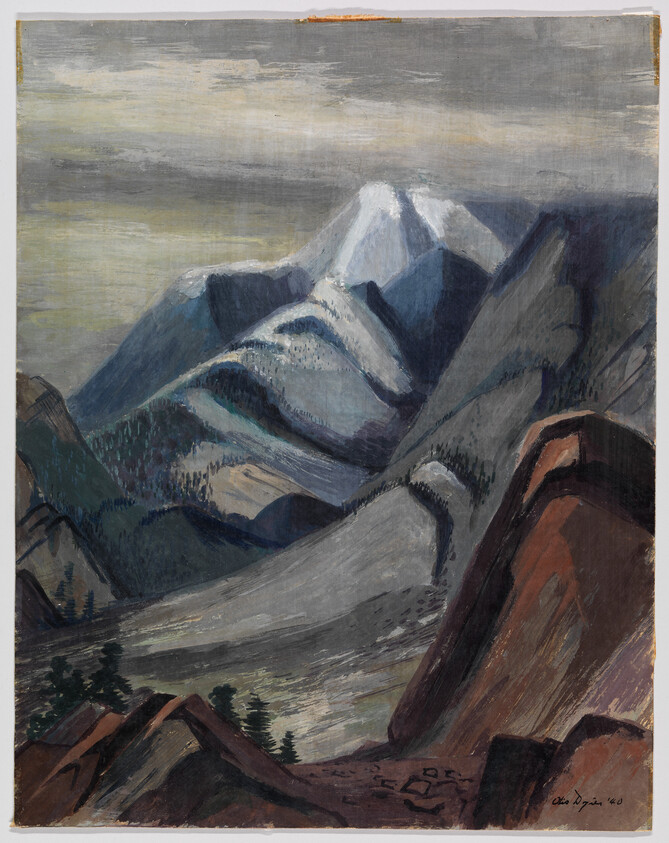 Snow-capped mountain peaks rise above rocky ridges and a cloudy gray sky.