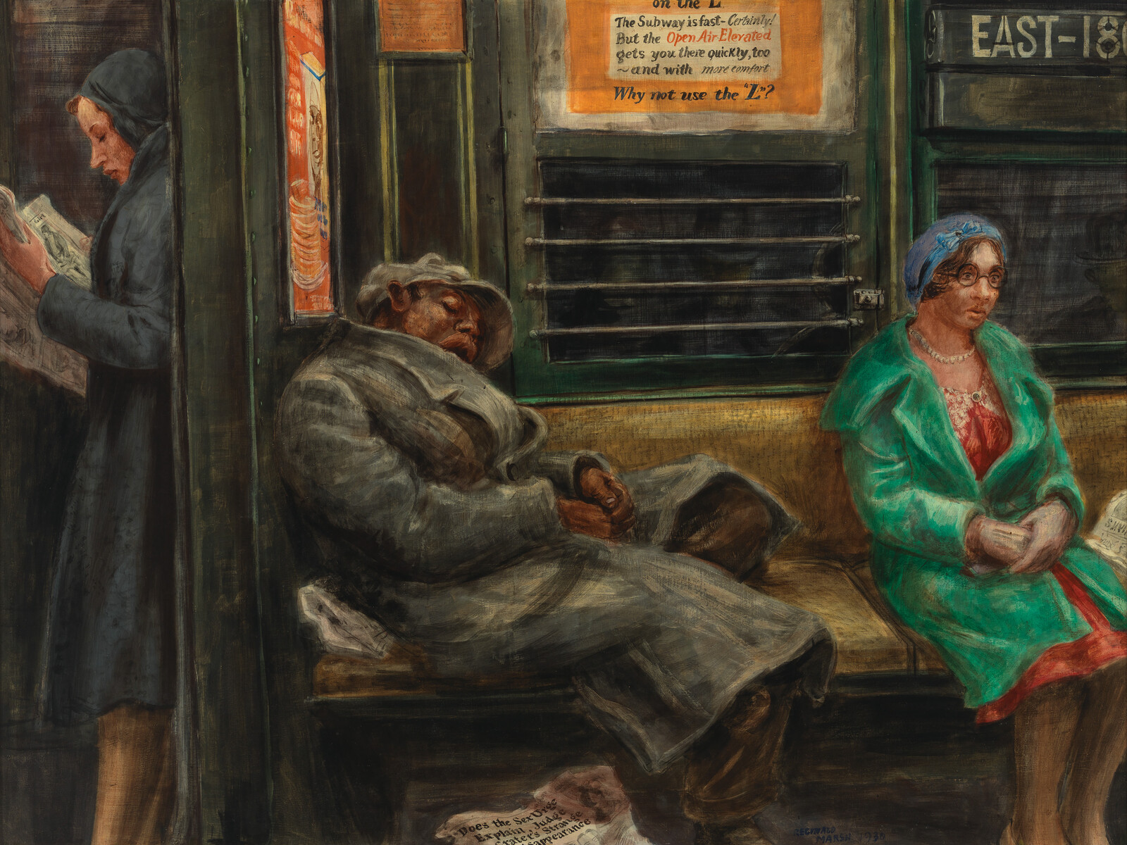A sleeping man in a heavy coat leans across a subway bench while a woman watches.