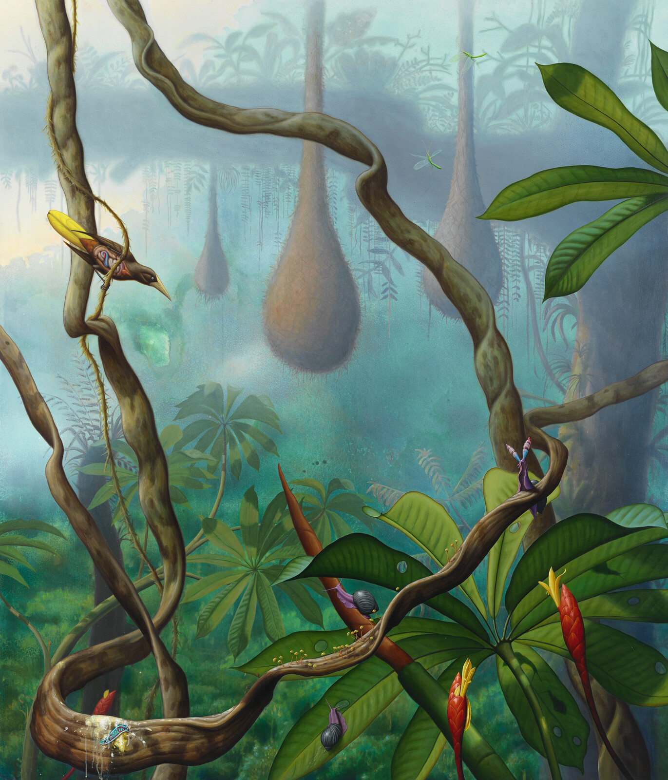 A yellow-brown bird perches on a twisted vine above hanging woven nests in a misty jungle.