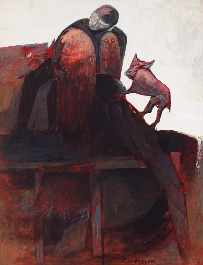 A cloaked figure sits hunched while a small fox-like animal climbs onto their knee.