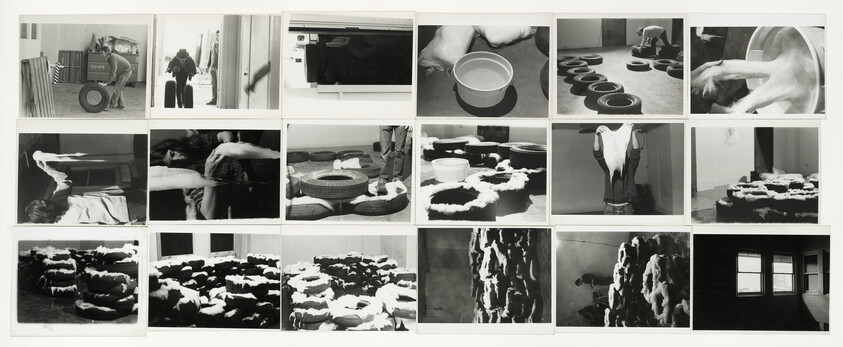 A collage of black and white photographs depicting various stages of a process involving tires and white fluffy material. The first row shows a person moving a tire, a view through a doorway, hands working with the material, and a close-up of a washing machine. The second row includes images of the material being stretched, placed inside tires, and a person holding up a large piece of the material. The final row shows piles of tires filled with the material, the material hanging from the ceiling, and a dark room with two brightly lit windows.