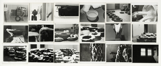 Multiple black-and-white photographs showing people arranging and filling stacked tires with fluffy material in a room.