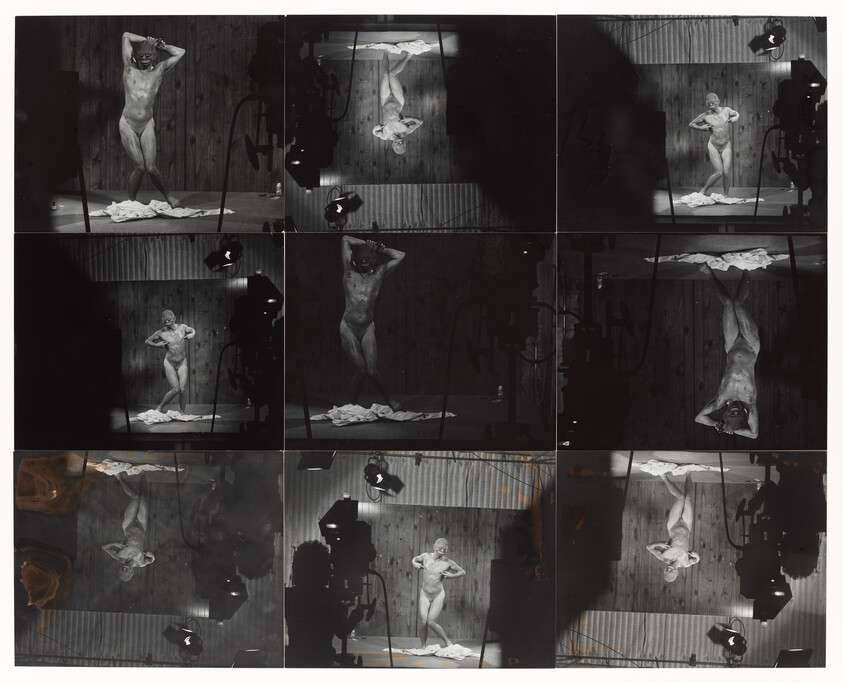 A collage of black and white photographs showing a nude figure in various poses within a studio setting, surrounded by photography equipment and lighting. Some images are rotated or inverted, adding an abstract quality to the composition.