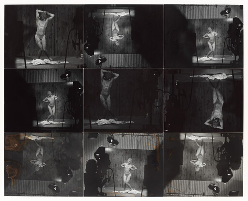 Nude male model striking varied poses on a studio stage captured in multiple contact frames.