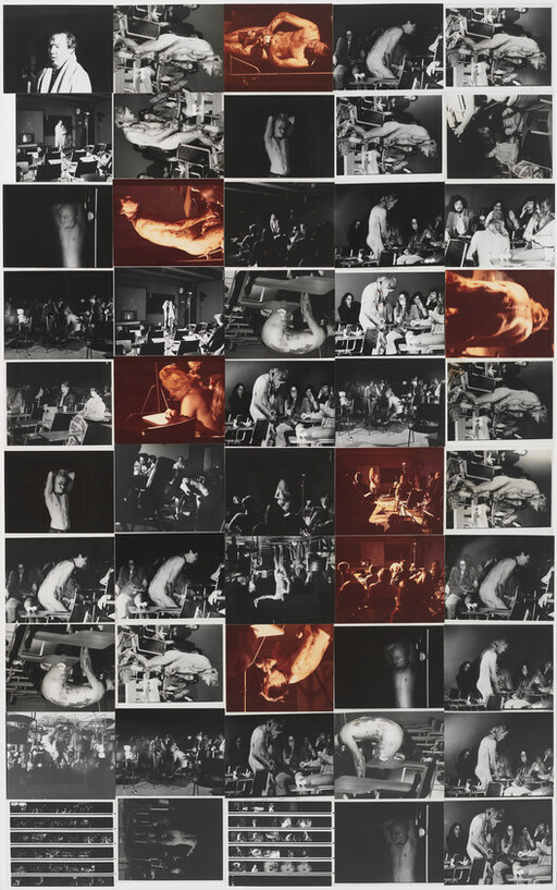 Collage of multiple black-and-white and red-tinted photos showing a shirtless performer and band rehearsing.