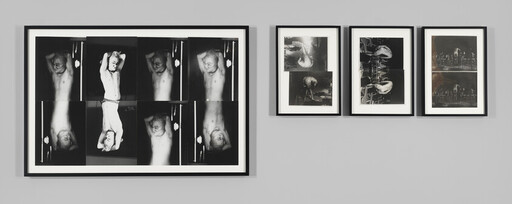 A series of black-and-white framed photographs showing repeated poses of a shirtless man on a gray wall.