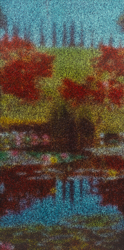 A pointillist-style landscape shows red trees and their reflection in a calm pond.