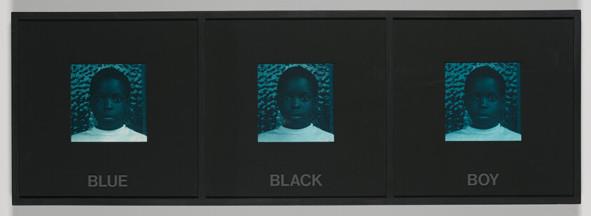 Triptych showing a young boy's portrait tinted blue with labels "Blue", "Black", and "Boy".