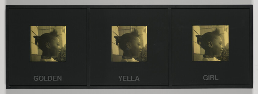 Three framed panels show a yellow-toned side profile of a girl labeled 'GOLDEN', 'YELLA', and 'GIRL'.