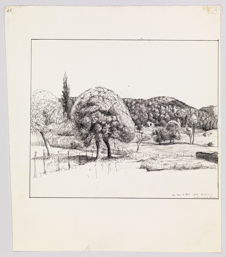 A pen drawing of large trees in a fenced meadow with hills and a small house.