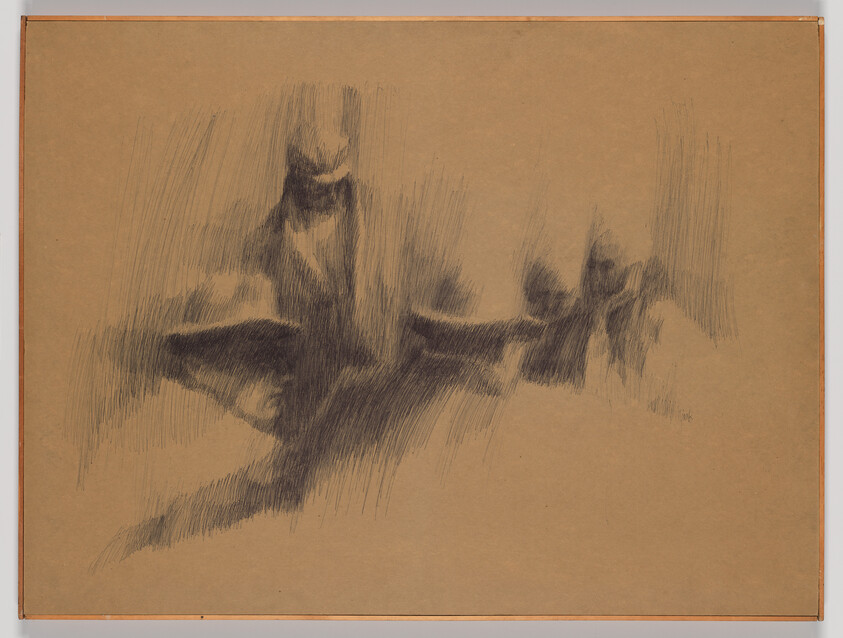 Dark charcoal strokes across tan paper suggesting a reclining figure with outstretched limbs.