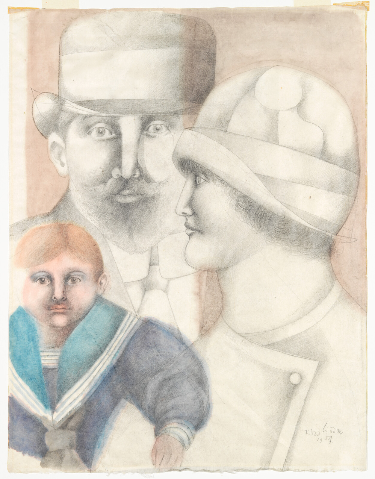 A family portrait showing a man, a woman in a hat, and a child in a sailor suit.