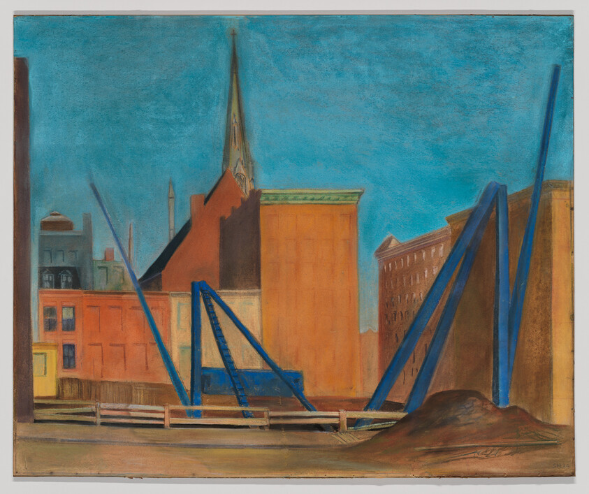 A painting depicting an urban landscape with a vibrant blue sky. In the foreground, there's a blue bridge with its ramp raised, leading to a street lined with colorful buildings, including a prominent orange structure. A church spire rises in the background, adding a touch of gothic architecture amidst the more modern cityscape. The artwork has a textured appearance, suggesting it may have been created with pastels or a similar medium.