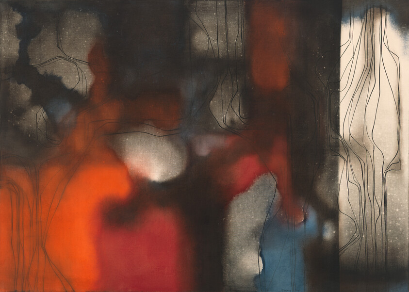 Abstract painting with blurred red and orange shapes, dark background, blue accent, and thin vertical black lines.