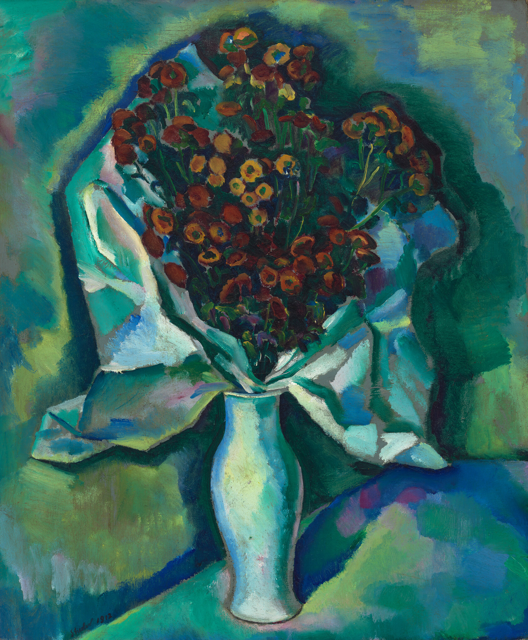 A tall pale vase holds a large wrapped bouquet of red and orange flowers against a teal background.