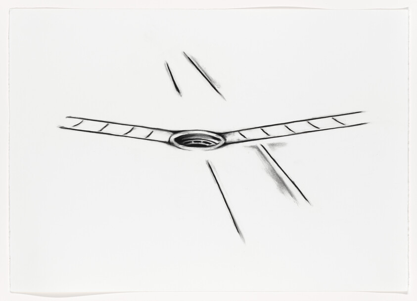 A simple charcoal sketch of a three-blade ceiling fan with motion lines.