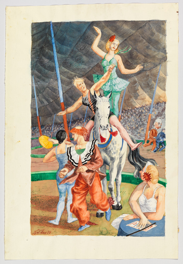 A female acrobat balances on a white horse while a male rider steadies her under a circus tent.