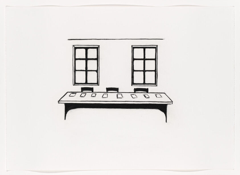 A simple sketch of a long table with papers and three chairs beneath two pane windows.