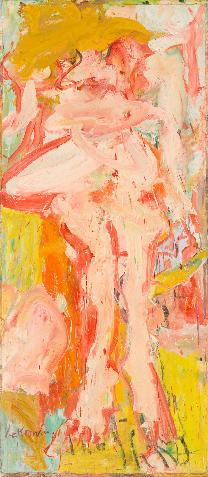 Abstract painting of a loosely defined figure in pink and orange brushstrokes appearing to dance.