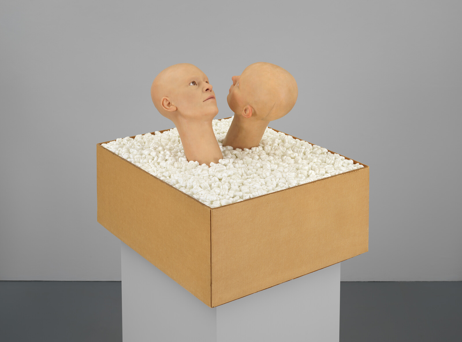 Two realistic human heads emerge from packing peanuts inside a cardboard box on a pedestal.