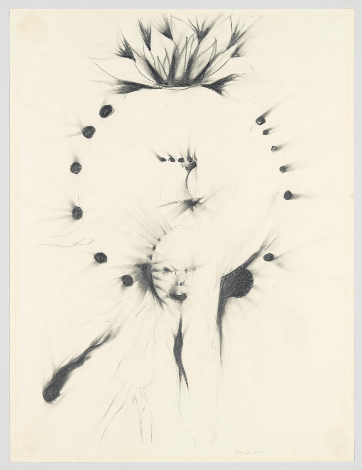 A soft, ghostly face emerges amid radiating dark spots and smudged floral-like marks.