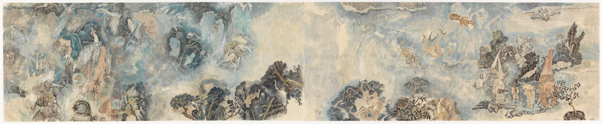 A wide traditional Chinese landscape painting showing misty mountains, trees, small figures, and temple structures.
