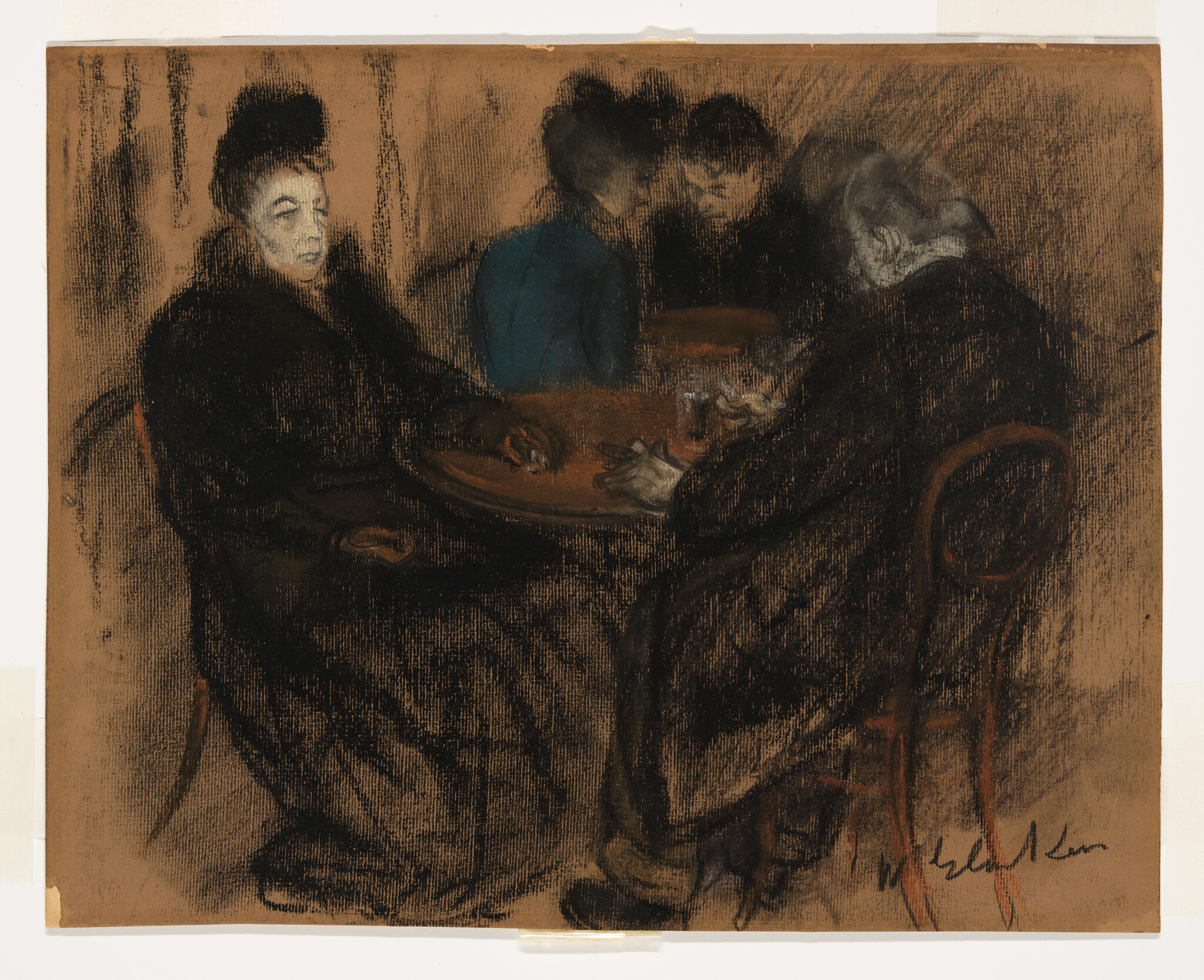 Two older people sit at a round table in a dim café while others talk behind them.