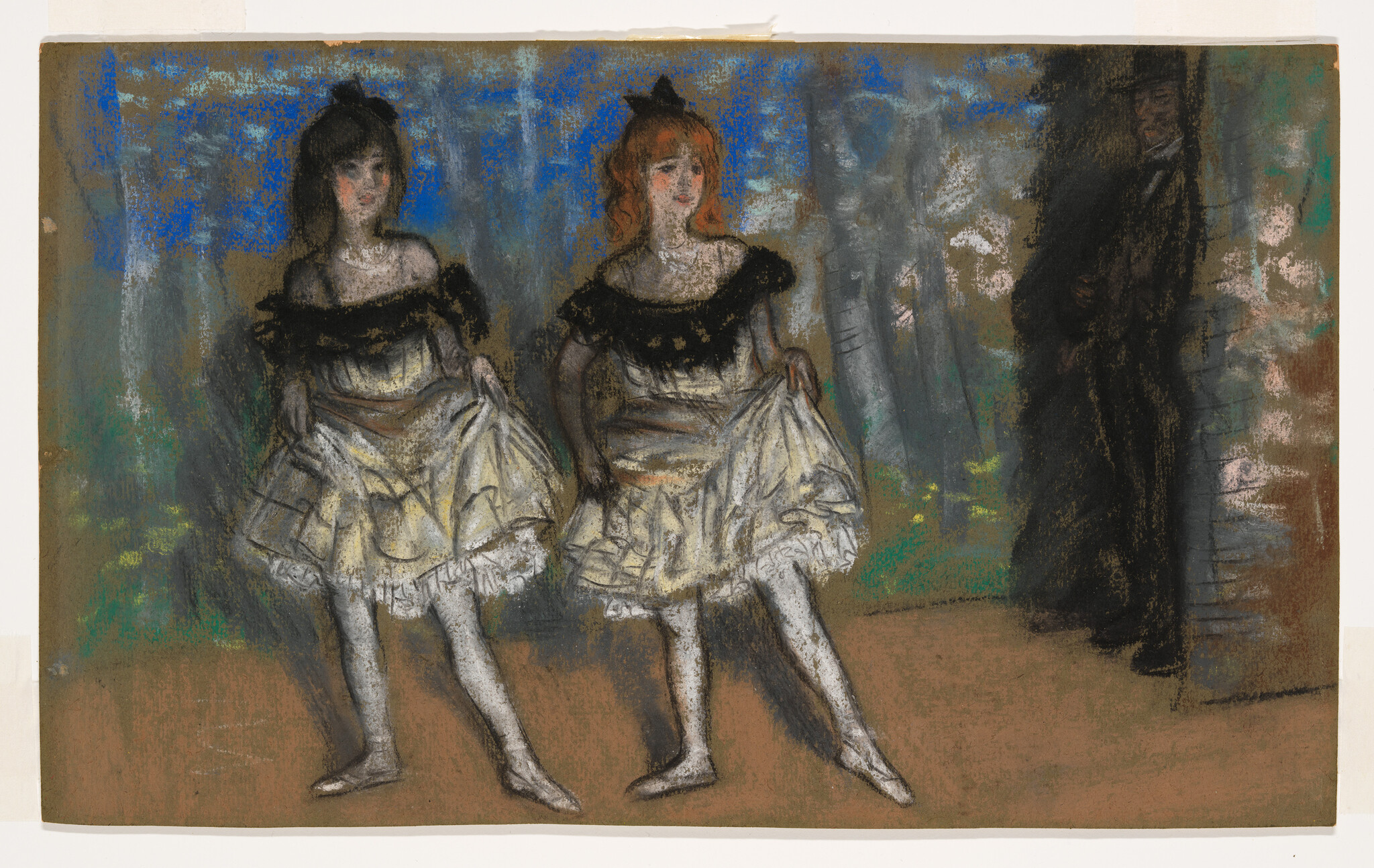 Two young ballerinas holding their skirts on stage while a man in shadow watches.