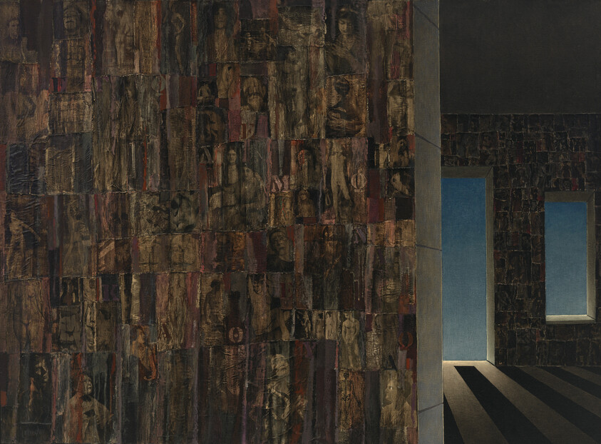 Large textured wall covered with faded human figures and faces beside a doorway opening to blue sky.