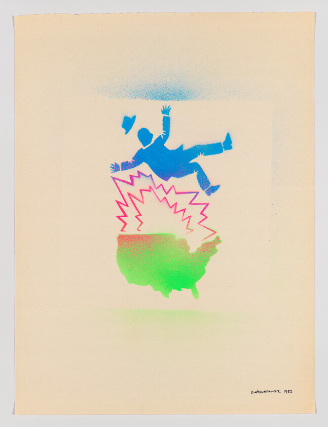Silhouette of a man falling above a jagged explosion over a green map of the United States.