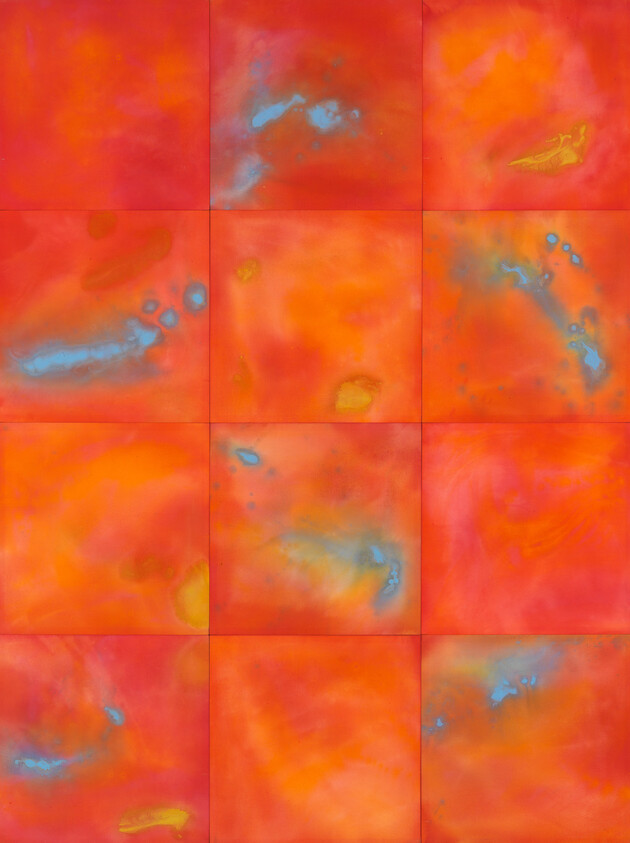 Twelve orange-red square panels arranged in a grid with blue and yellow abstract splotches.