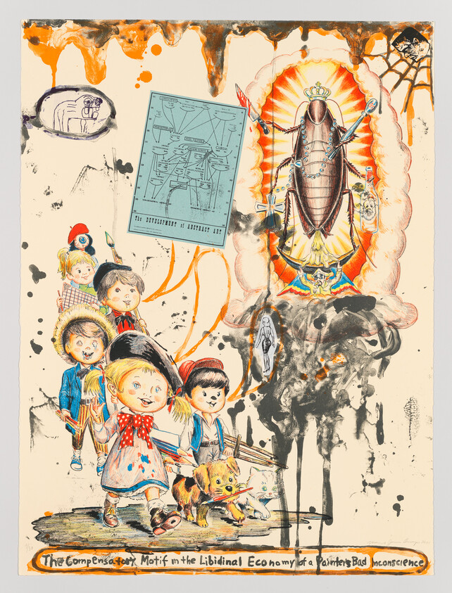 Children and a small dog walk past a glowing crowned cockroach altar amid drips and diagrams.