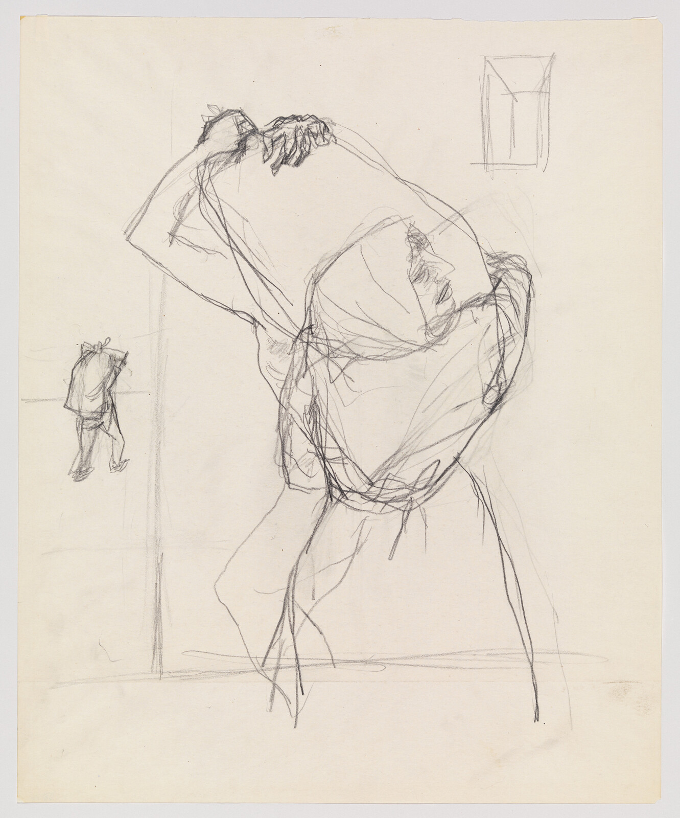 A loose pencil sketch of a person pulling a shirt over their head with arms raised.