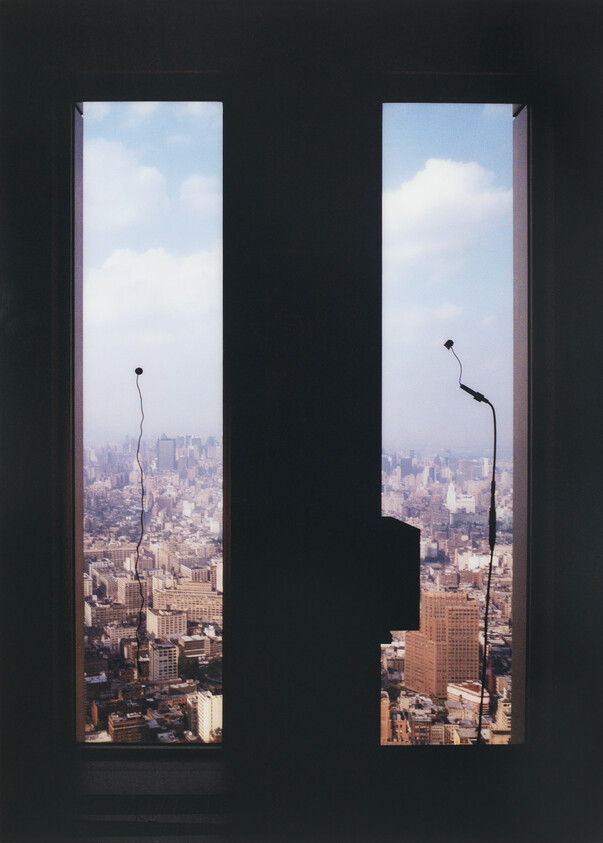 Cityscape viewed through two tall, narrow windows with microphones against an interior silhouette.