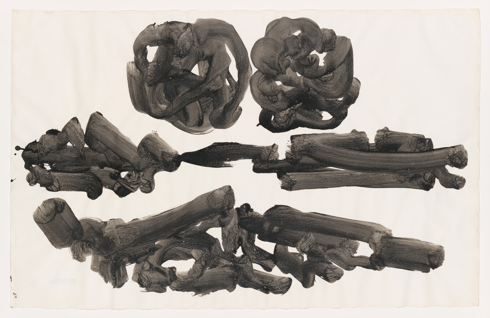 Bold black brushstrokes form abstract rounded and horizontal shapes across a white sheet of paper.