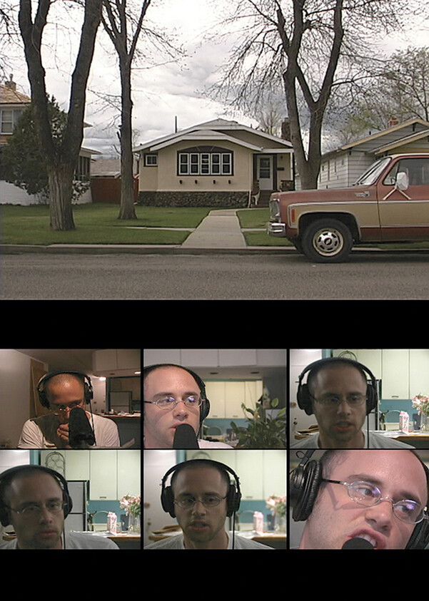Suburban house above a grid of six video panels showing a man wearing headphones speaking into a microphone.