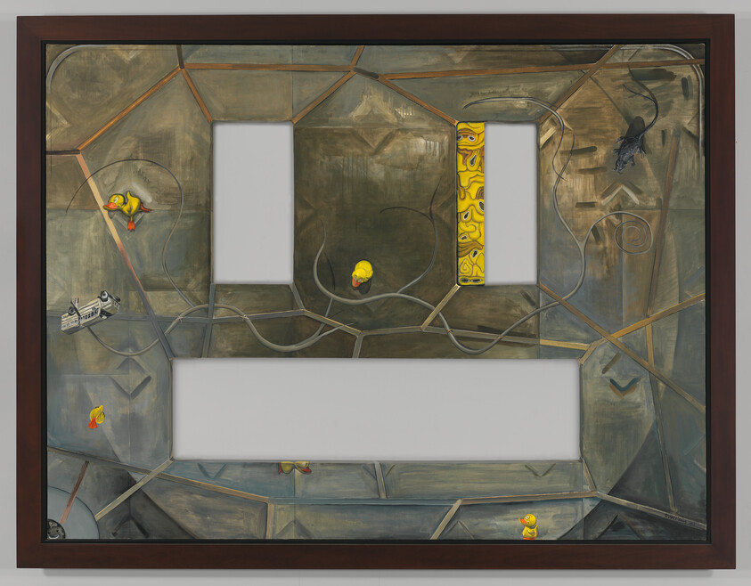 A framed painting depicting an abstract composition with geometric and organic shapes, featuring two vertical white rectangles that resemble blank canvases or windows. The background is a muted palette of grays and browns, with lines that suggest a fragmented, paneled surface. Scattered throughout are whimsical elements such as colorful rubber ducks, a black bird, and a train toy, which add a playful contrast to the otherwise somber tones. The painting is encased in a dark brown frame.