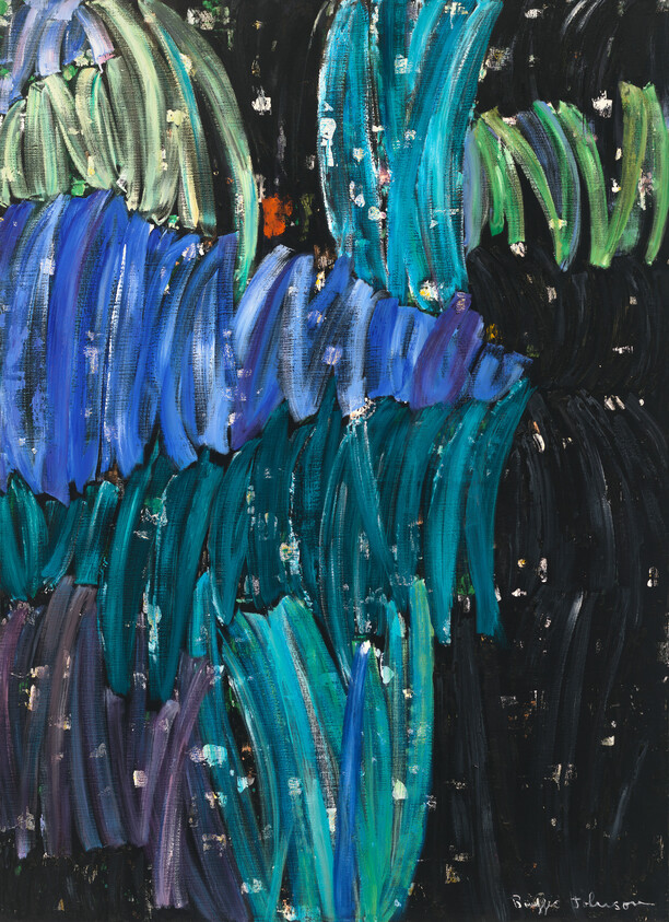 Thick blue and green brushstrokes curve against a dark background with scattered light flecks.