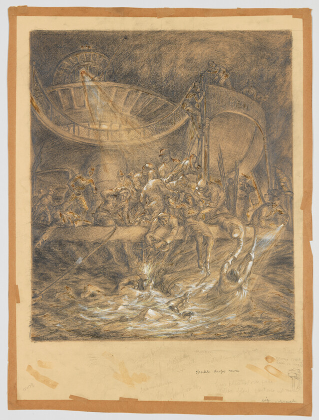 Sailors lower ropes and haul survivors from rough water beside a capsized lifeboat.