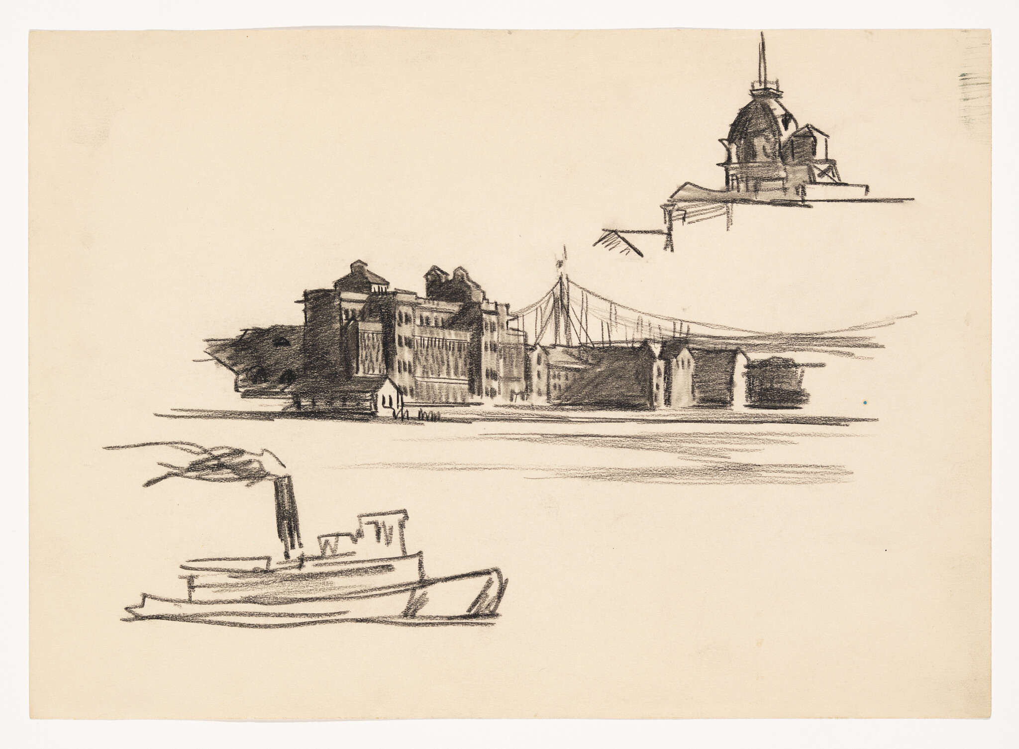 A charcoal sketch shows waterfront buildings and a bridge with a small steamboat in the foreground.