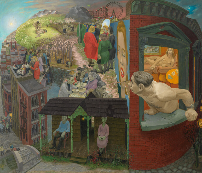 A shirtless white man looks out his bedroom window onto a fantasia of varied landscapes, architecture, and eccentric figures. Behind the man, a nude white woman sits up in bed.