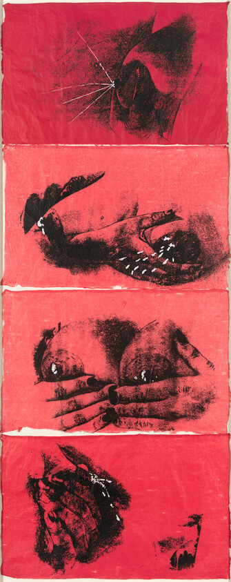 Four red panels showing black printed images of hands touching a mouth, breasts, and clasping together.