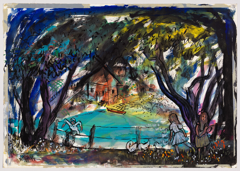 Two children and ducks by a fence looking toward a house across a bright pond.