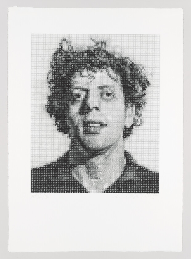 A black and white halftone portrait of a person printed on paper, with the image composed of various sized dots to create the illusion of shades and depth. The paper has rough edges, and there is a signature and date at the bottom right corner.