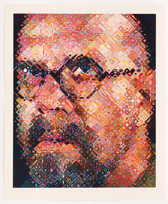 A colorful, stylized portrait of a bearded man with glasses, composed of geometric patterns and vibrant hues, giving it a mosaic-like appearance. The image includes signatures and edition numbers at the bottom, indicating it is a piece of artwork.