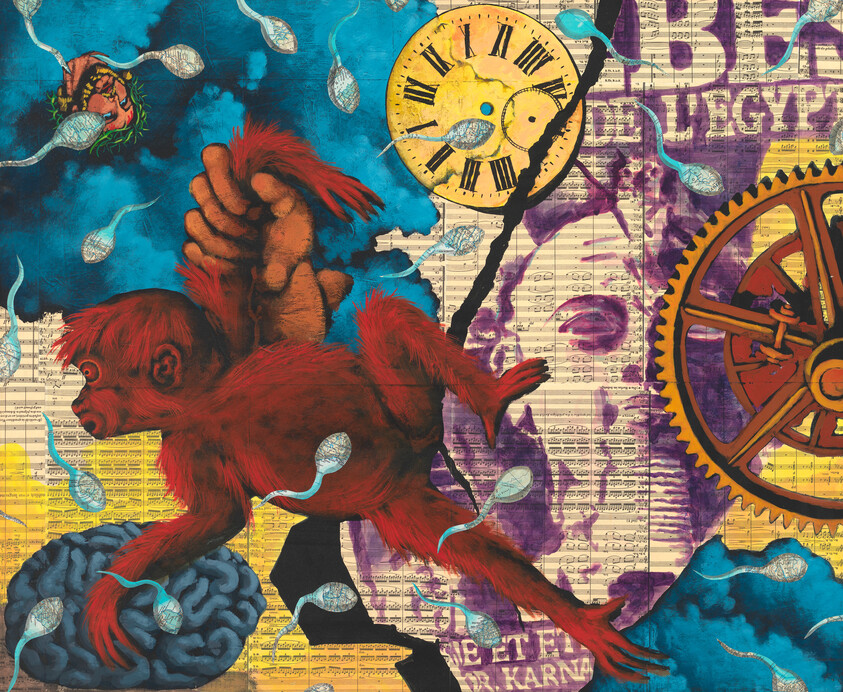 A red monkey is grabbed by a large hand while floating over a brain, clock, and gears.