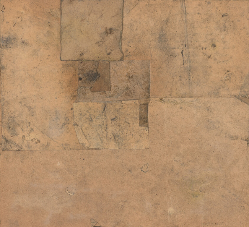 A textured surface with an assortment of aged, stained, and weathered paper pieces arranged in an overlapping collage. The papers vary in size and exhibit different degrees of wear and discoloration, creating a rustic and vintage appearance.