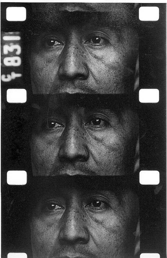 Three black-and-white close-up frames of a man's thoughtful eyes and upper face on a film strip.